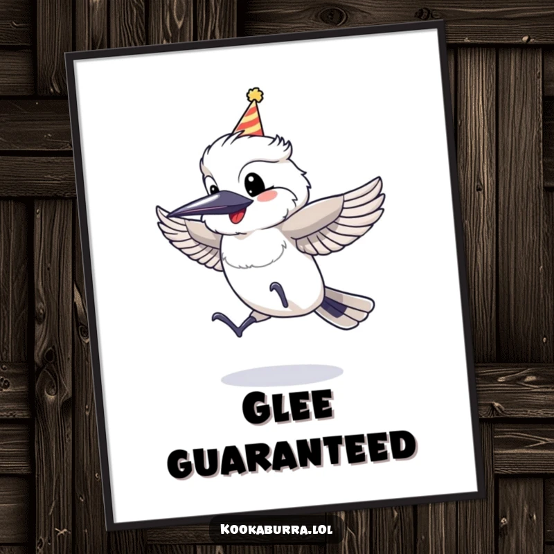 Funny Poster of a kookaburra wearing a party hat, leaping with excitement, creating a scene of pure, unadulterated joy.