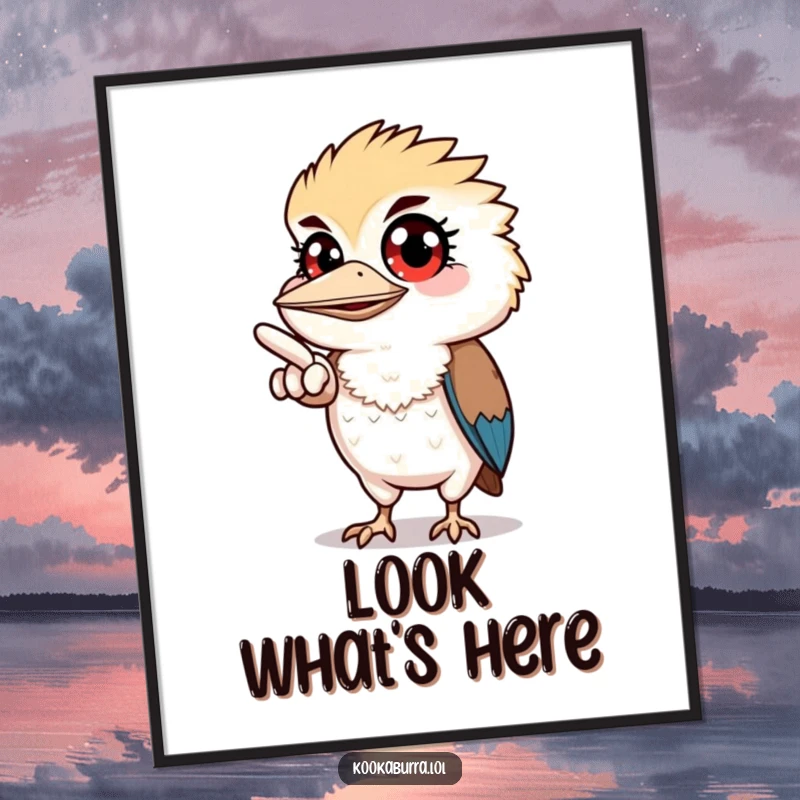 Funny poster art of a kookaburra with wide eyes, pointing off-screen, sparking curiosity and a sense of shared discovery.