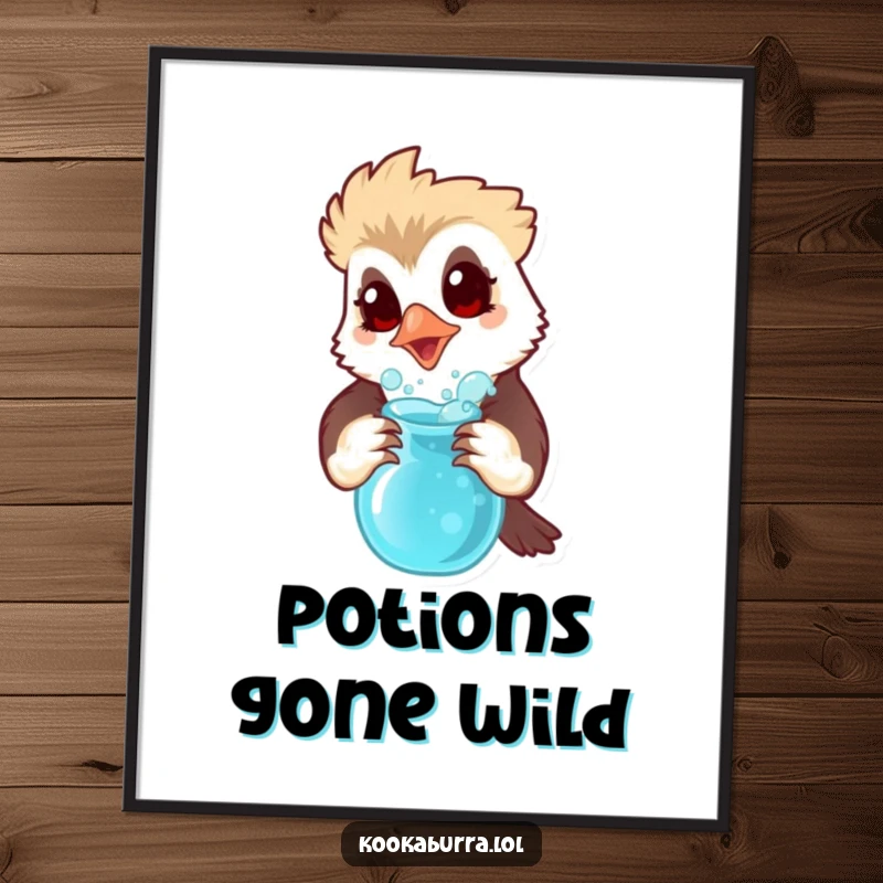 Funny poster of a kookaburra with a surprised expression holding a bubbling potion, bringing humorous science vibes to any space.