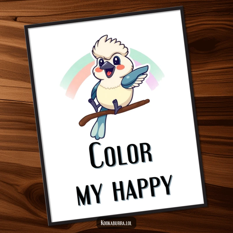 Funny poster of a kookaburra sliding down a rainbow with a cheerful grin, bringing whimsical joy to any space.
