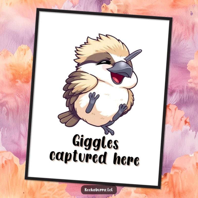 Funny poster showcasing a kawaii kookaburra mid-tumble, eyes joyfully shut, radiating hilarious, infectious mirth.