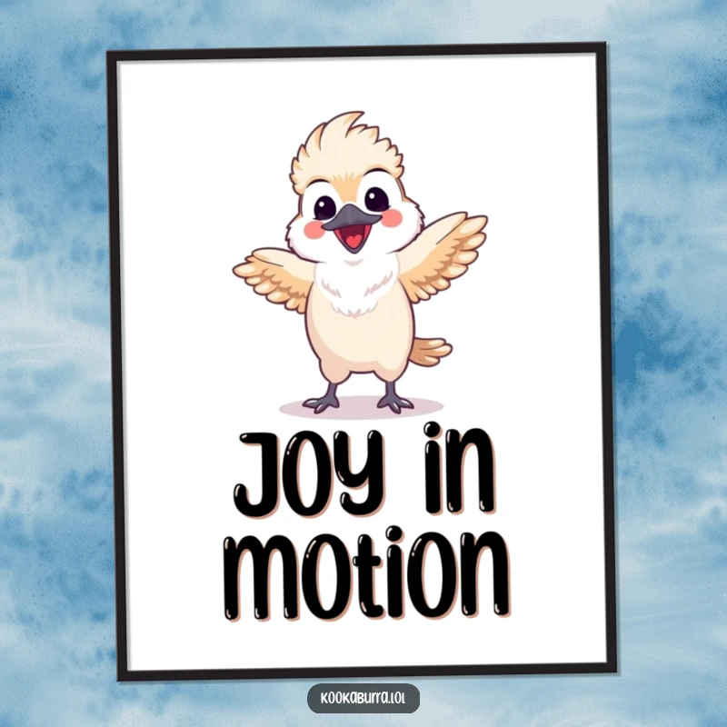 Funny kawaii kookaburra poster featuring a happy bird doing a lively dance with spread wings, creating a whimsical and humorous wall art piece.