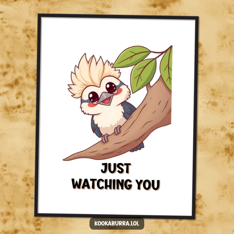 Funny kawaii kookaburra peeking from behind leaves, grinning, cute bird art print, humorous wall decor.