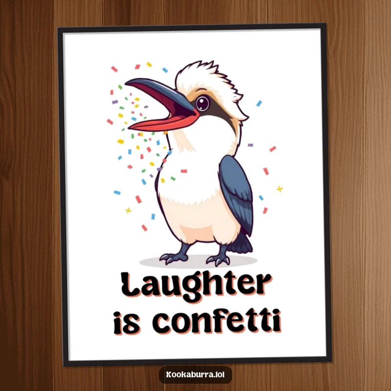 Funny Kookaburra Poster showing a kookaburra with its beak wide open, releasing a vibrant spray of colorful confetti, perfect for festive art.