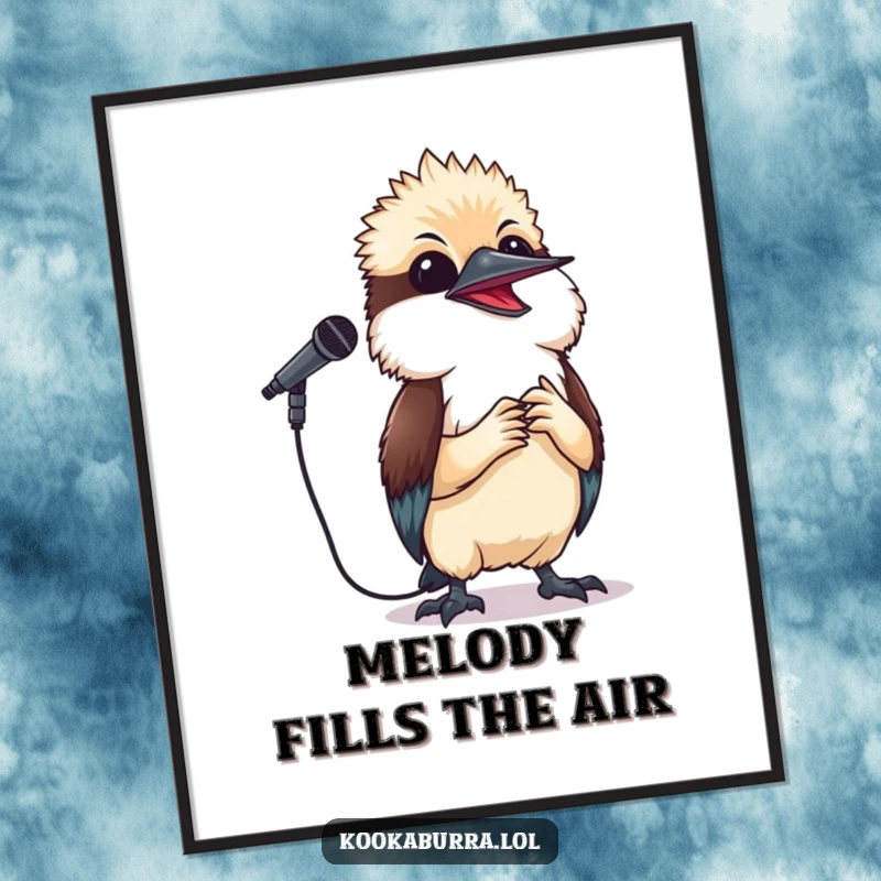 Funny kookaburra poster of a small bird holding a microphone and singing happily, perfect wall art for music enthusiasts.