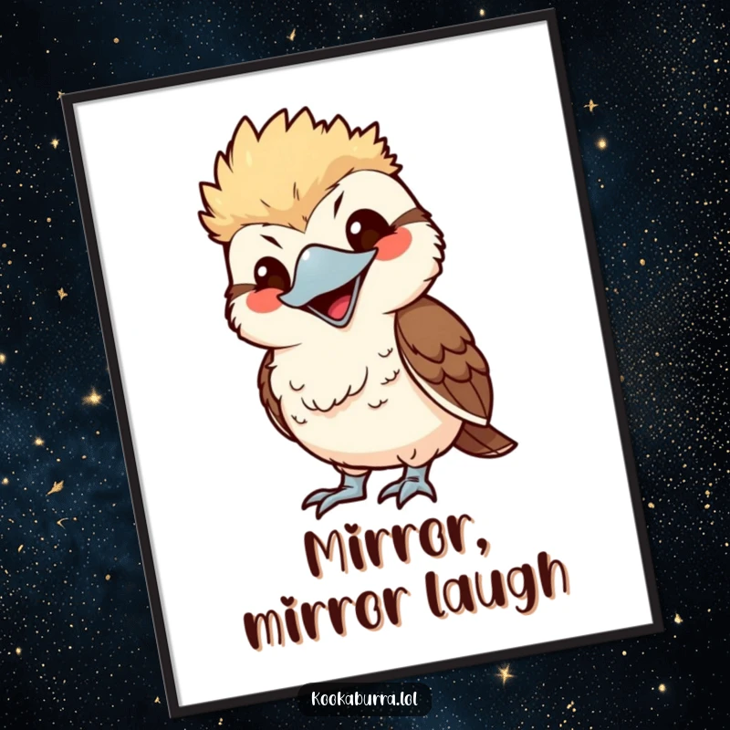 Funny kawaii kookaburra mimicking with exaggerated smile, cute bird art print, humorous wall decor.