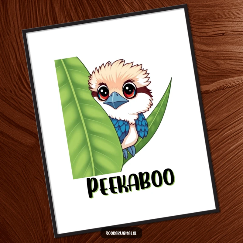 Funny kookaburra poster of a bird with enormous eyes, peeking from behind a large leaf.