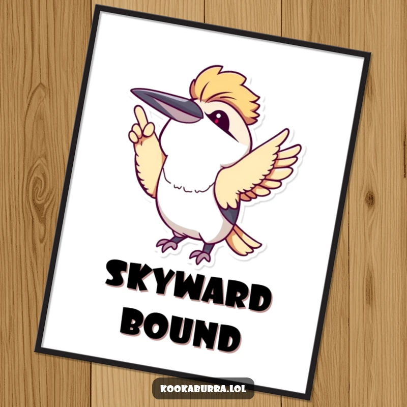 Cute kawaii kookaburra pointing excitedly upwards with its wing, presented as wall art for an uplifting and humorous vibe.