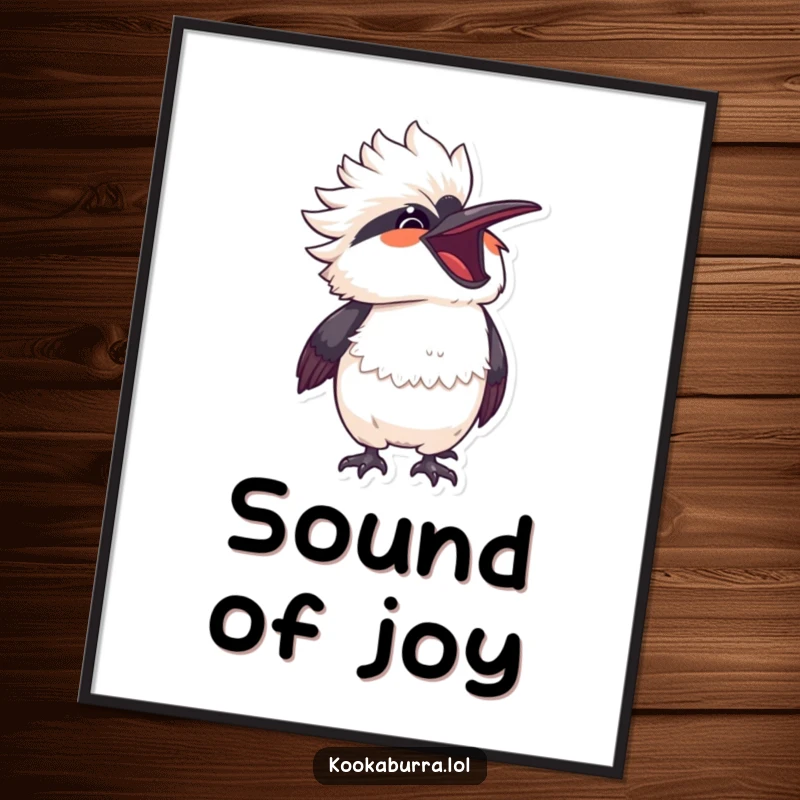 Funny kawaii kookaburra cracking up with laughter, head thrown back, presented as vibrant wall art.