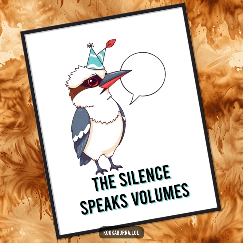 Funny Kookaburra Poster: A kookaburra in a party hat, quill poised, dramatically pointing at an empty speech bubble for witty ideas.