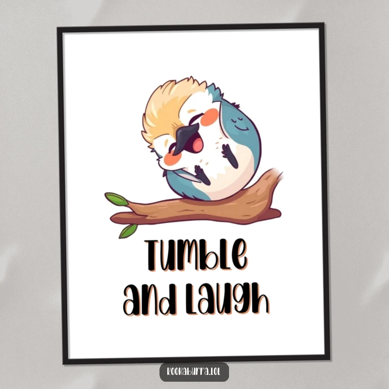 Funny round kawaii kookaburra tumbling end over end, laughing, cute bird art print, humorous wall decor.