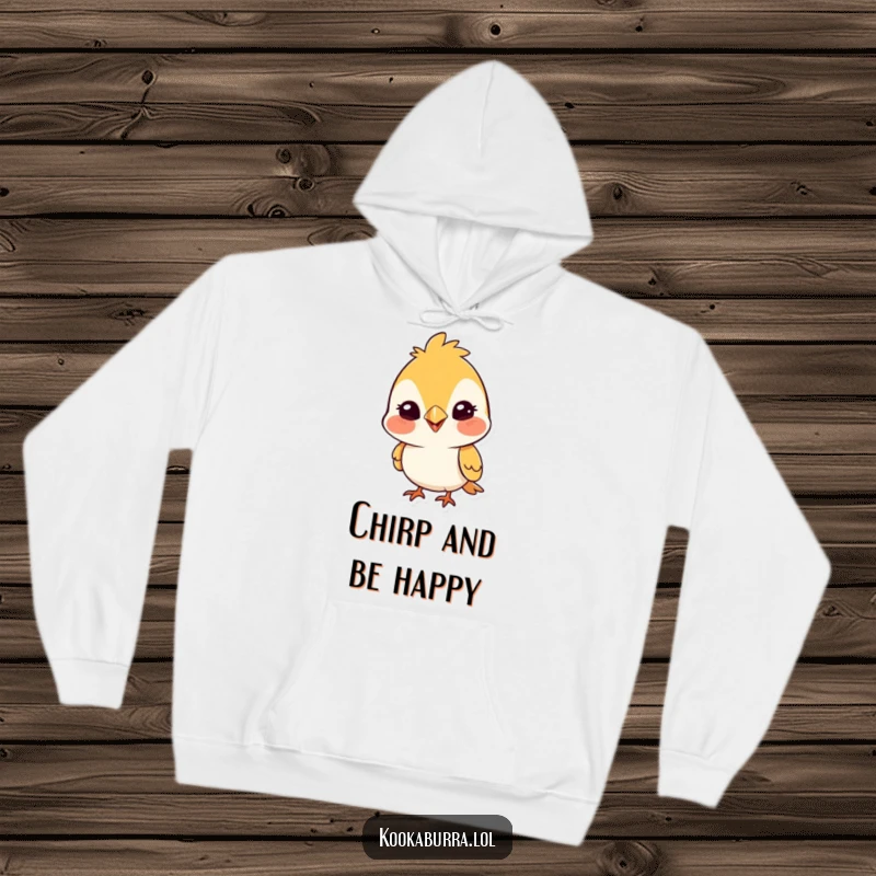Funny hoodie showcasing a cute bird with a wide, silly grin, looking curious and cheerful, perfect for cozy, humorous lounging.