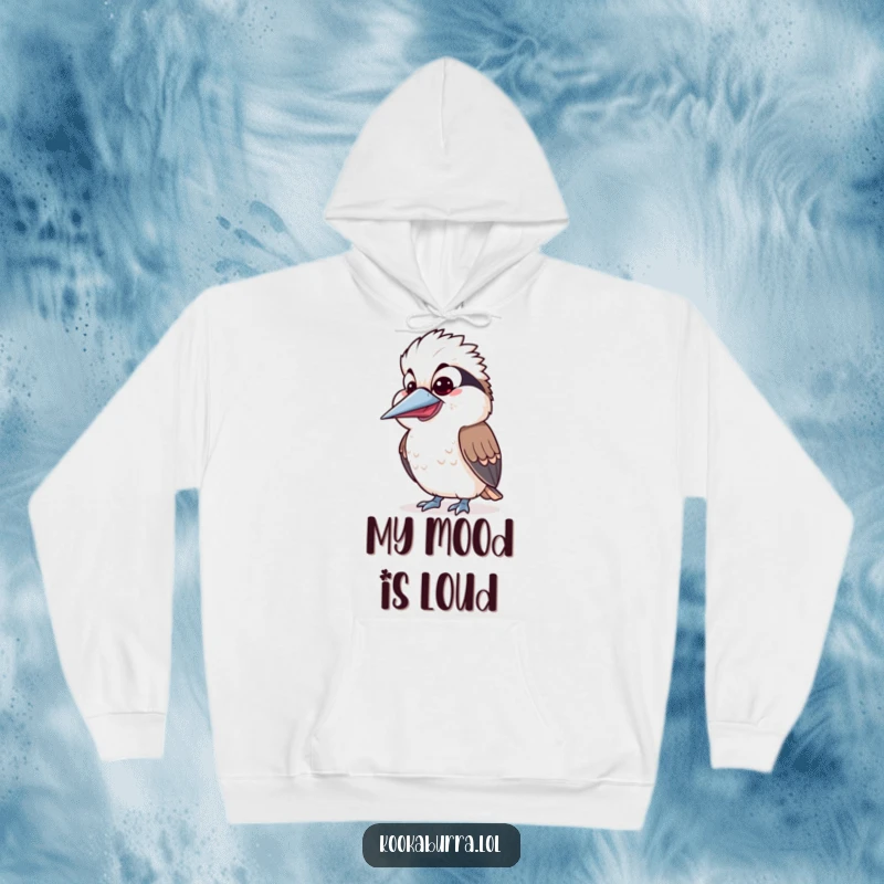 Funny Kawaii Kookaburra hoodie depicting a cute bird with a wide open beak and a comical silly expression. Ideal for cozying up with a funny gift.
