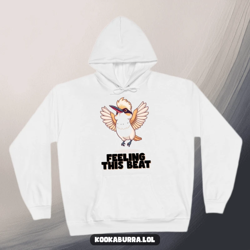 Funny hoodie with a kookaburra joyfully dancing, its wings spread wide in a comical display of pure, uninhibited glee and laughter.