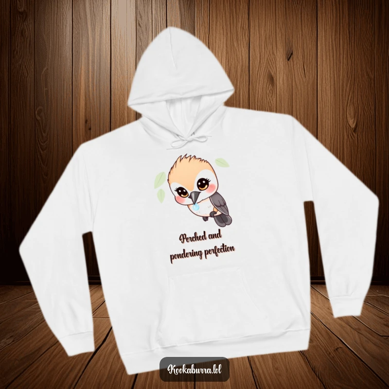 Funny Kookaburra Hoodie: Cozy pullover featuring a wide-eyed bird in hilarious fascination with a tiny, sparkling dewdrop.