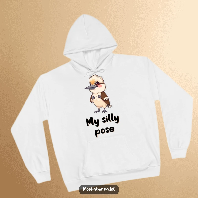 Funny kookaburra mimicking a human with a comical stance, depicted on a cozy hoodie for ultimate comfort.