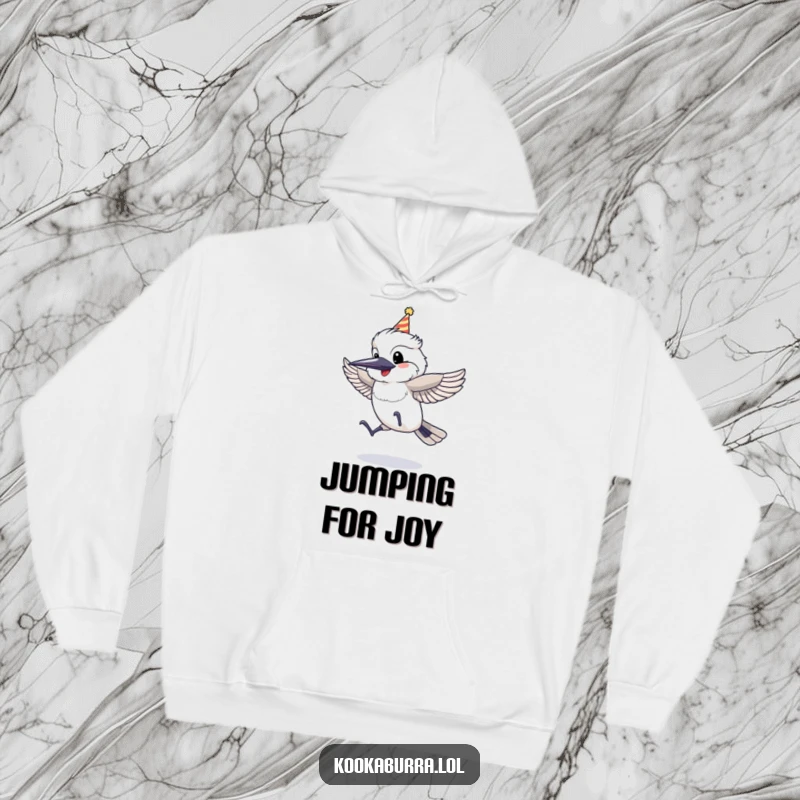Funny Hoodie with a kookaburra wearing a party hat, jumping with glee, offering cozy comfort and festive cheer.