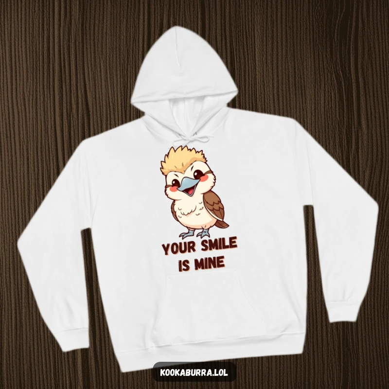 Funny kawaii kookaburra hoodie, mimicking with exaggerated smile, cute bird illustration, cozy and humorous apparel.