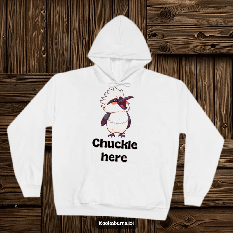 Funny kawaii kookaburra bursting with laughter, head thrown back, featured on a soft and cozy hoodie.