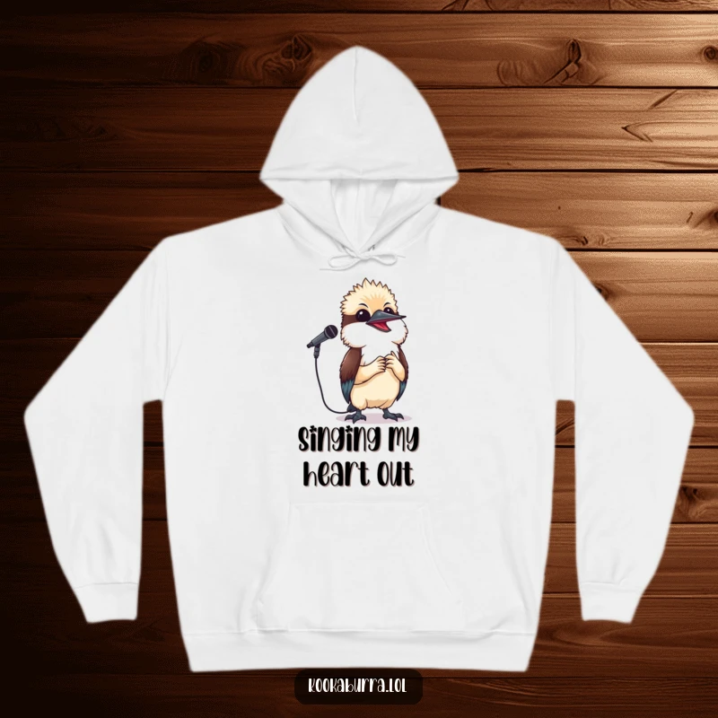 Funny kookaburra hoodie featuring a small bird holding a microphone and singing a happy tune, ideal for cozy music sessions.