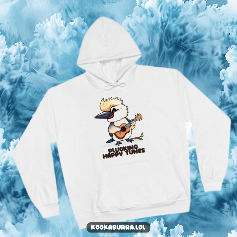 Funny hoodie depicting a kookaburra happily playing a tiny ukulele, perfect for cozy, musical moments.