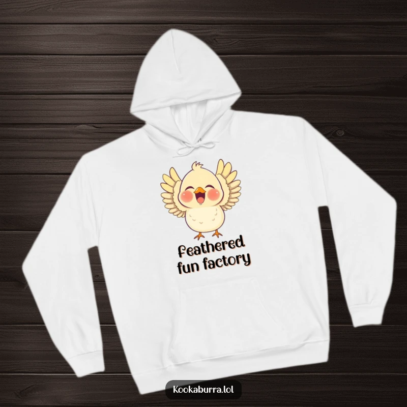 Funny hoodie featuring a chubby bird laughing heartily with its wings outstretched, designed for ultimate comfort and humorous expression.