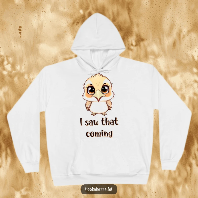 Funny surprised kookaburra hoodie featuring an astonished bird with wide eyes and open beak, perfect for cozying up with a laugh.