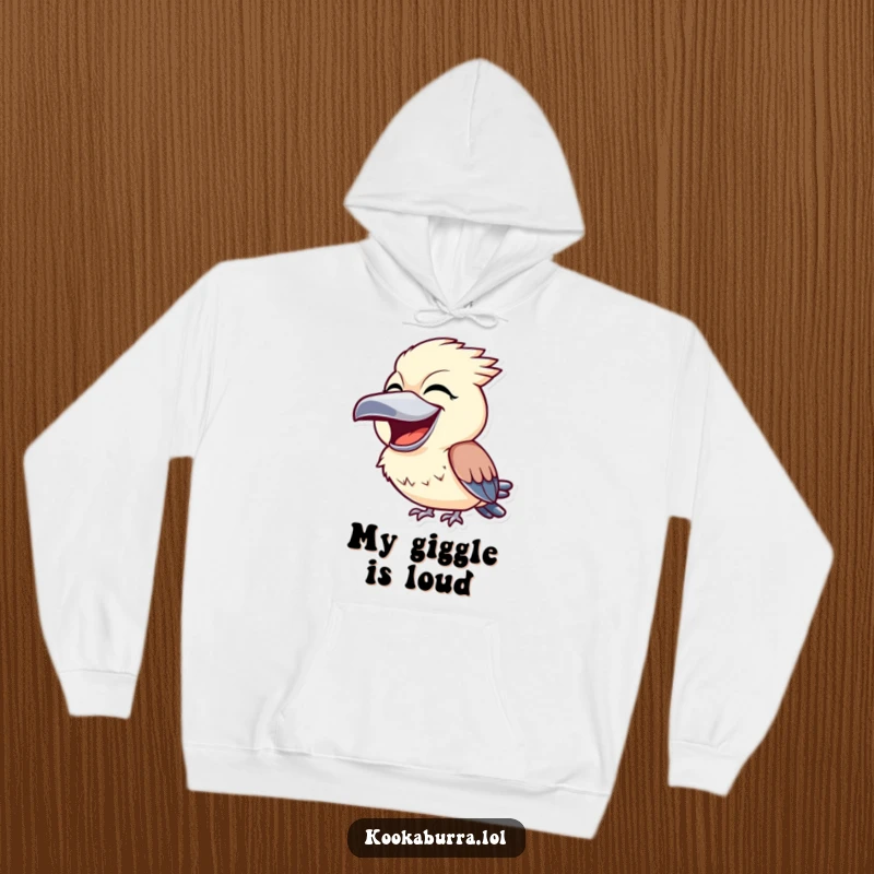 Funny kookaburra hoodie illustrating a bird with a wide beak, bursting with laughter, ideal for cozying up with a smile.