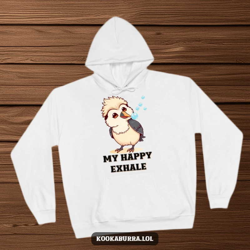Funny kawaii kookaburra hoodie featuring an amused bird blowing a stream of bubbles, offering warmth and humorous charm.