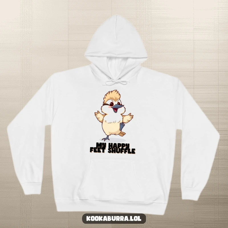 Funny kawaii kookaburra hoodie featuring a bird doing a silly dance with its feet kicking up, perfect for cozy, humorous wear.