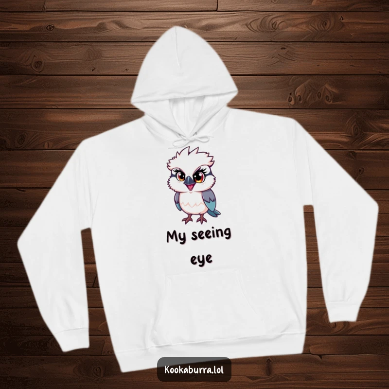 Funny kookaburra hoodie, a bird with one large eye brimming with mischief, perfect for cozy and comical wear.
