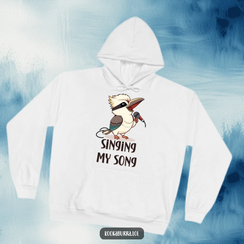 Funny kookaburra hoodie featuring a winking bird holding a microphone, perfect for music lovers.