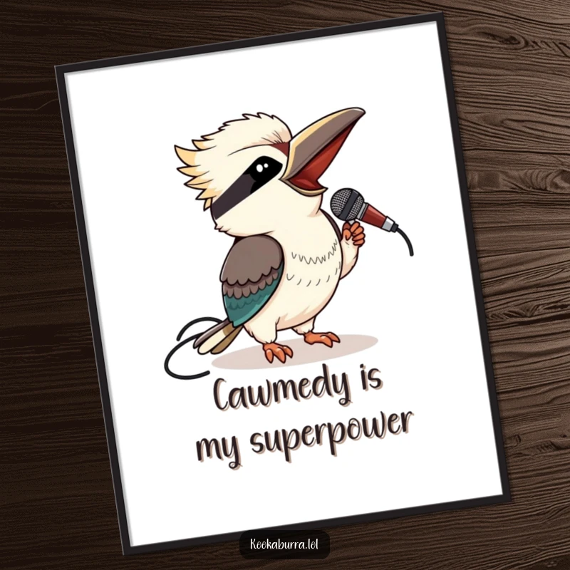 Funny Free Printable Kookaburra Wall Art: A kookaburra winks playfully, microphone in hand, ready to entertain on your wall.