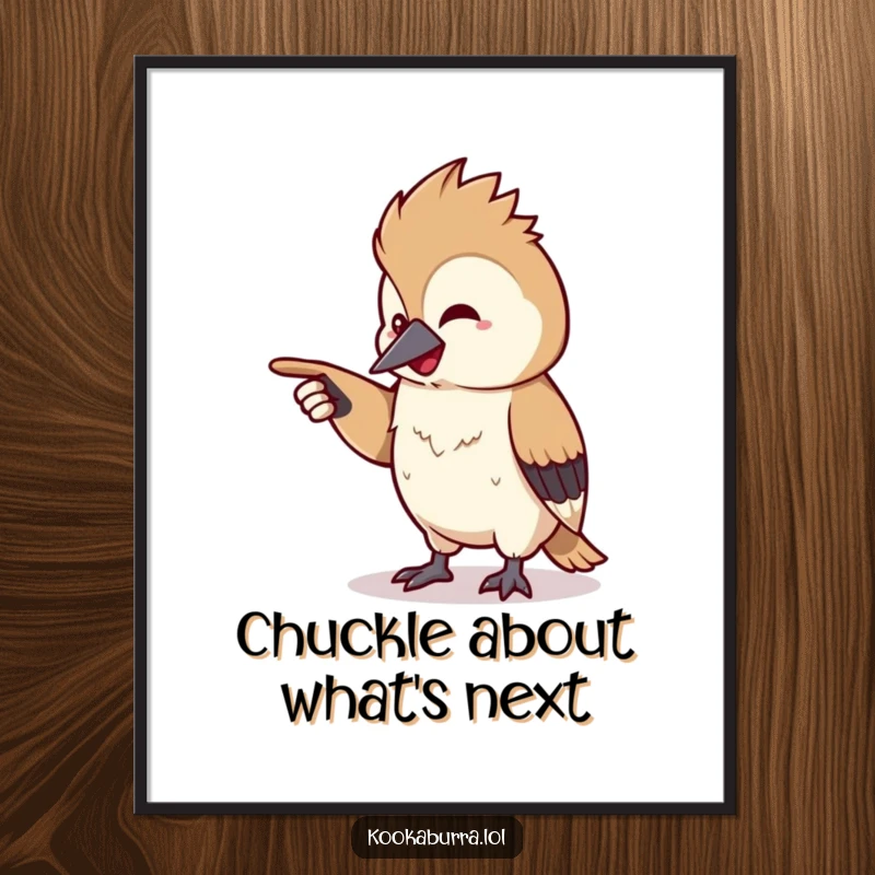 Funny Free Printable Wall Art: A tiny, kawaii kookaburra chuckling as it points with curiosity off-screen.