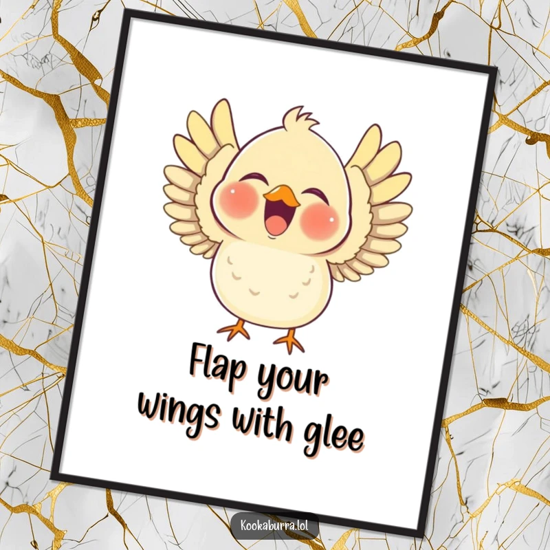 Funny Free Printable Wall Art showing a chubby bird laughing heartily with its wings outstretched, radiating pure, contagious joy.