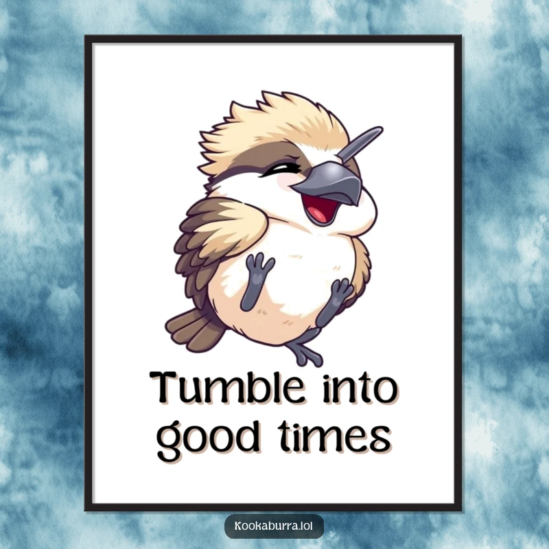 Funny Free Printable Wall Art: Adorable kawaii kookaburra comically tumbling with eyes shut in pure, unadulterated mirth.