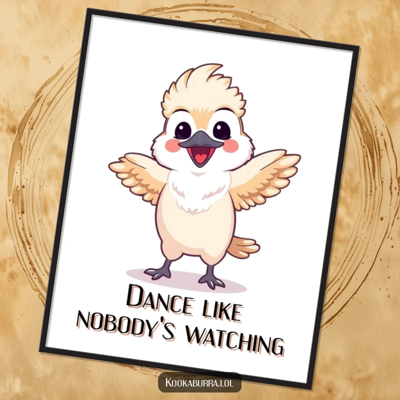 Funny Free Printable Wall Art: A happy, kawaii kookaburra caught mid-dance with its wings elegantly spread.