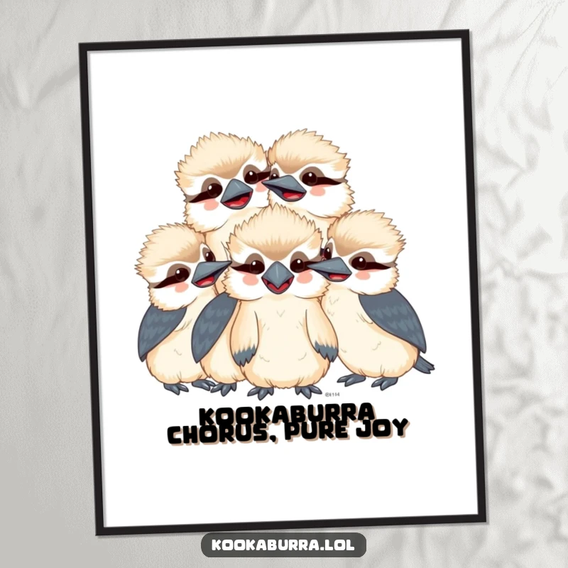 Funny Free Printable Wall Art: A group of smiling, kawaii kookaburras huddled together, radiating infectious giggles.