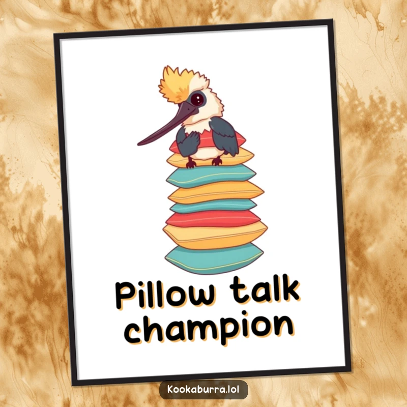 Funny free printable wall art of a whimsical kookaburra balancing a tall stack of colorful pillows, adding a touch of playful art.