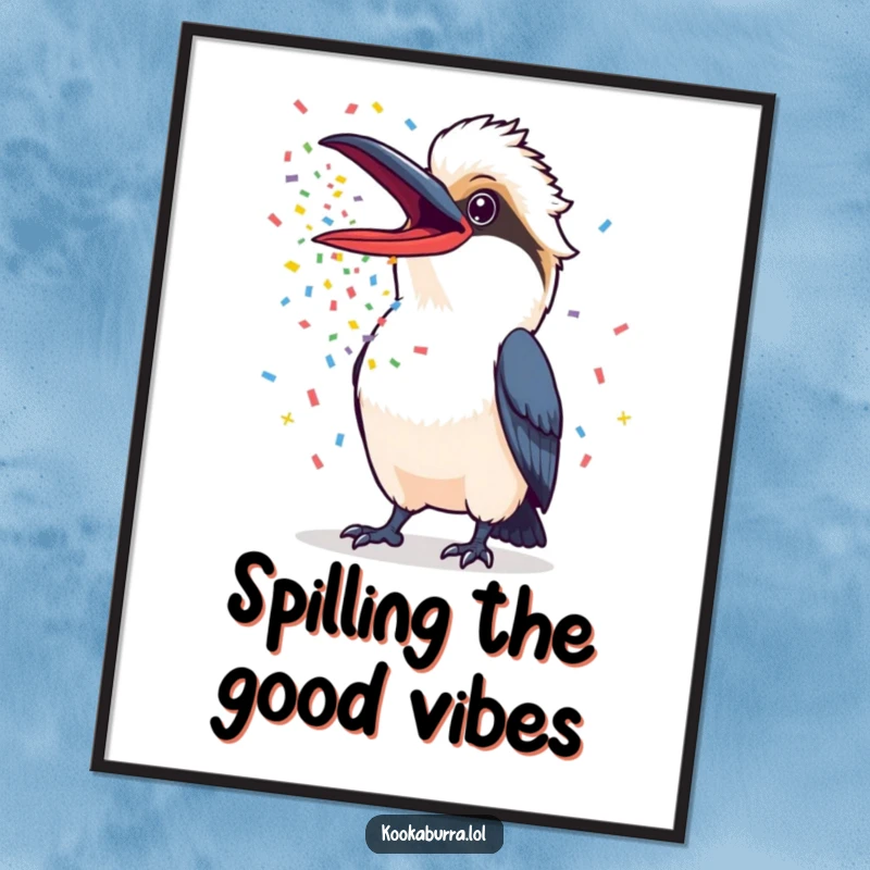 Funny Free Printable Wall Art: Kookaburra with beak wide open, a joyous cascade of vibrant confetti pouring out, celebrating life.