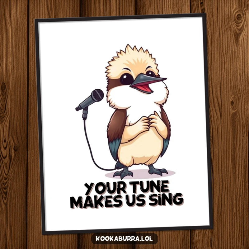 Funny Free Printable Wall Art: A happy kookaburra holding a microphone, singing a joyful tune with a vibrant, musical energy.