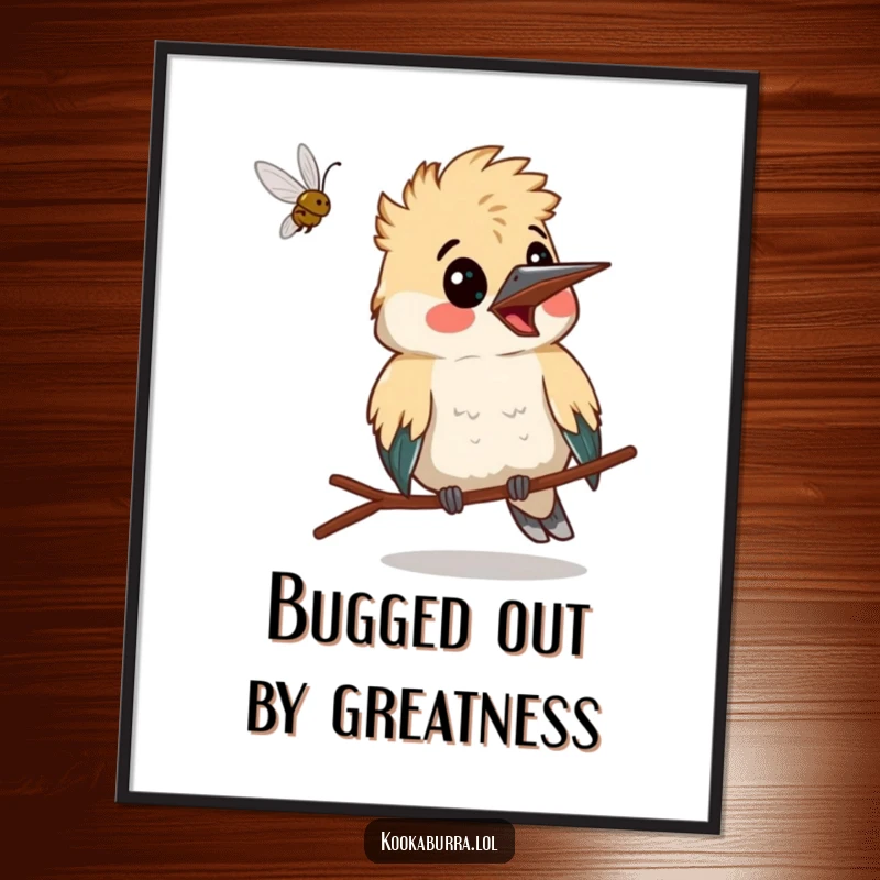 Funny Free Printable Wall Art: A kookaburra comically making a surprised face as a small bug unexpectedly zips past its head.
