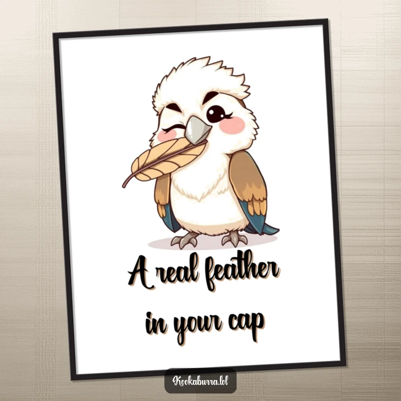 Funny Free Printable Wall Art: Adorable kawaii kookaburra winking with a feather comically stuck on its beak, adding humor to decor.