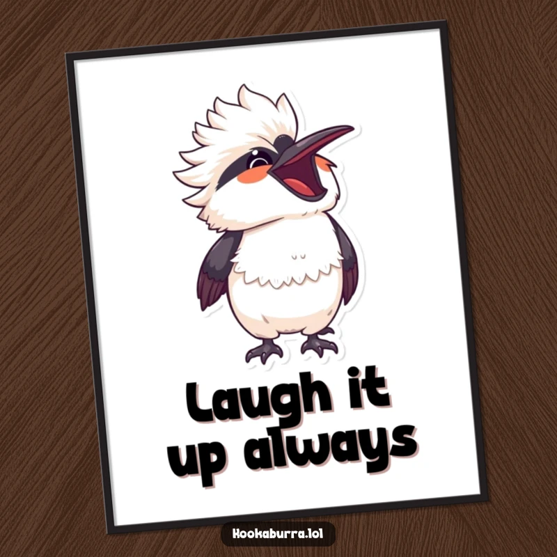 Funny Free Printable Wall Art: a kawaii kookaburra bursting with laughter, head thrown back, sharing contagious joy and humor.
