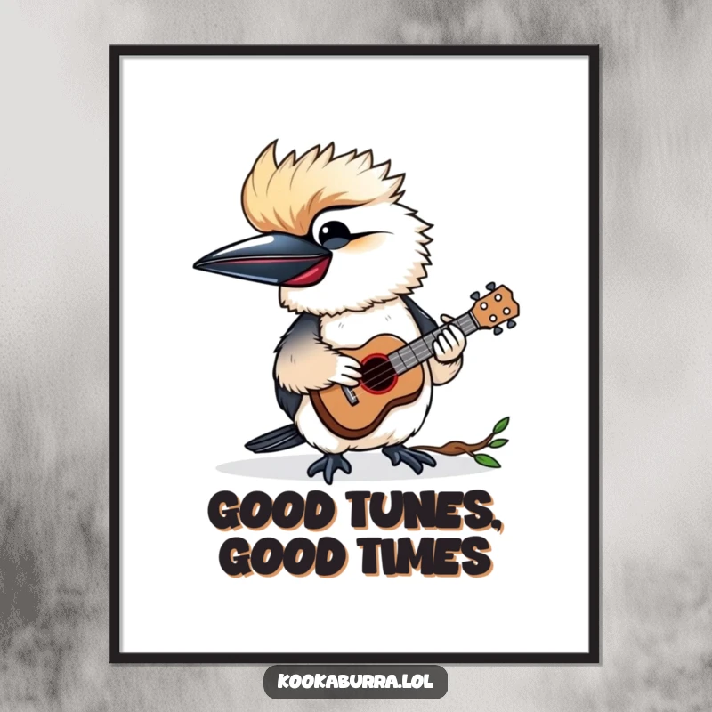 Funny Free Printable Wall Art: A kookaburra happily playing a tiny ukulele, creating a joyful and musical wall display.