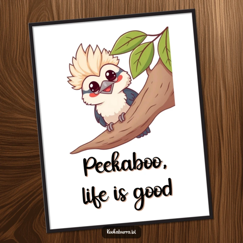 Funny Free Printable Wall Art of a kawaii kookaburra peeking from behind a leafy branch with a wide, happy grin.