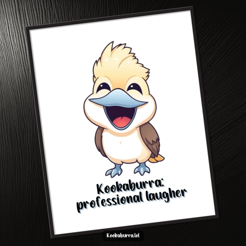 Funny Free Printable Kookaburra Wall Art: A cute kookaburra laughs uncontrollably with its beak wide open, radiating happiness.