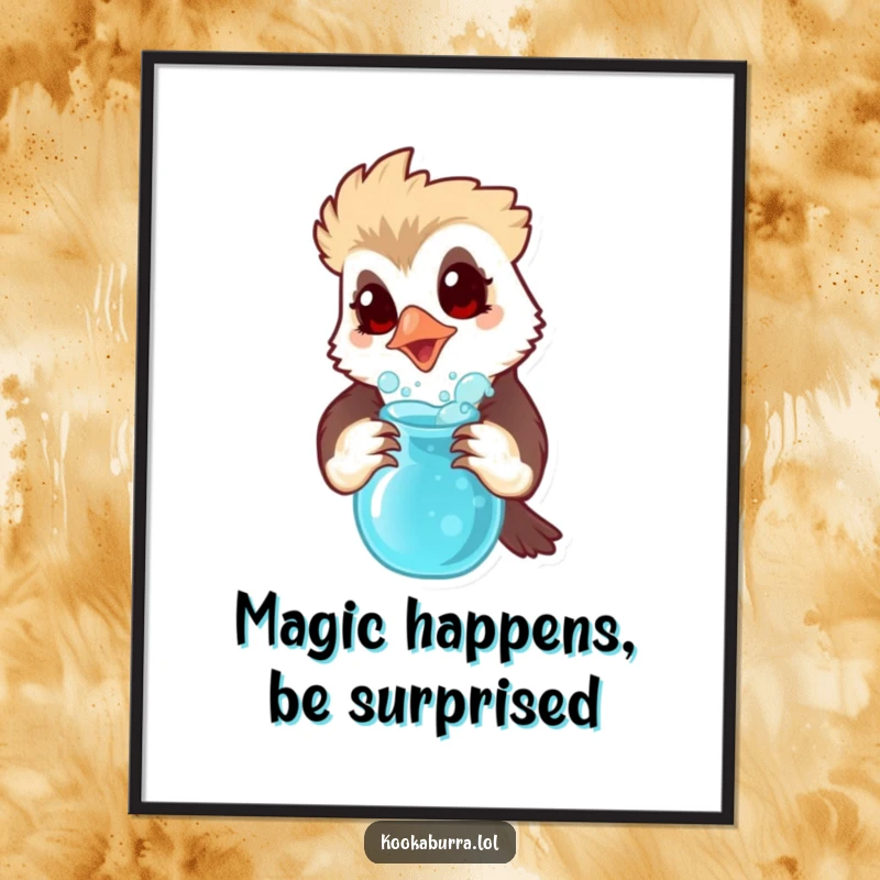 Funny Free Printable Wall Art: A kookaburra with a shocked expression holds a bubbling potion, creating a whimsical and humorous scene.