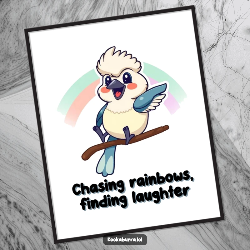 Funny Free Printable Wall Art: A kookaburra joyfully sliding down a vibrant rainbow, bringing cheer and humor to decor.