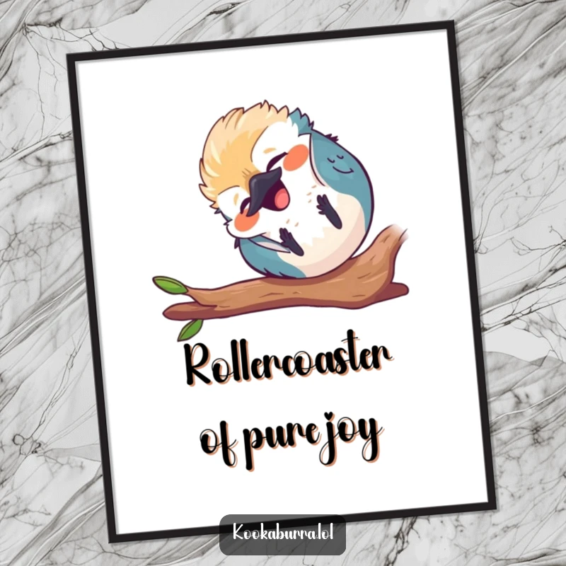 Funny Free Printable Wall Art of a small, round kawaii kookaburra tumbling end over end, laughing hysterically, a true joy to behold.